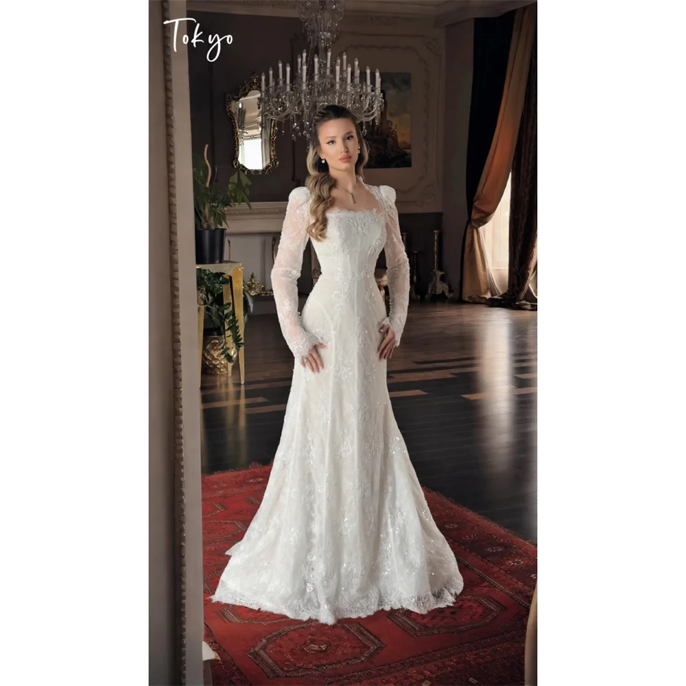 Tokyo Lace Long Sleeve Mermaid Wedding Dress Square Neck Slim Fit Bridal Gown Church Wedding Evening Formal Party Maxi Dresses