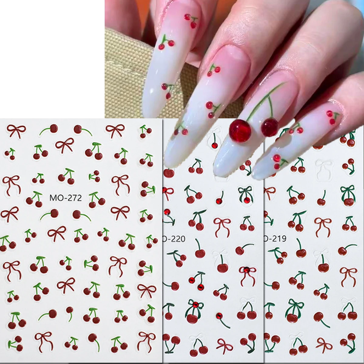 3pcs Summer Fruits Cherry Bowknots Nail Art Stickers 5d Embossed Nail Decals For Manicure Tips Beauty DIY