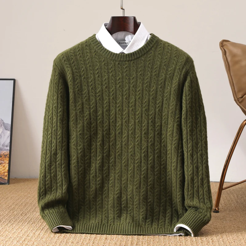 

100% Wool sweater crew neck thickened jacquard solid color sweater business casual light luxury cashmere knitted sweater