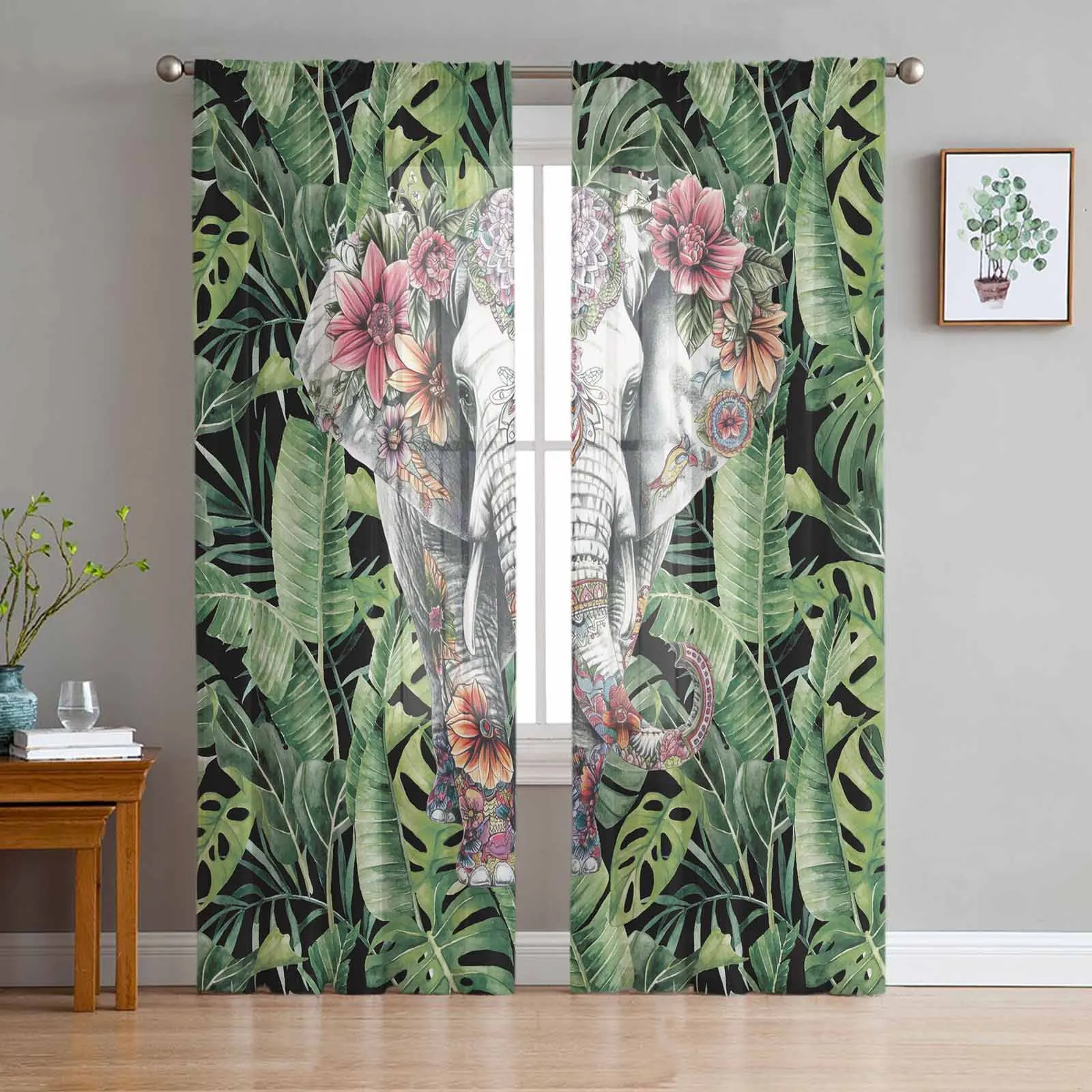 Watercolor Tropical Plant Palm Leaf Elephant Ethnic Sheer Curtains for Living Room Window Curtains Kitchen Tulle Voile Curtains