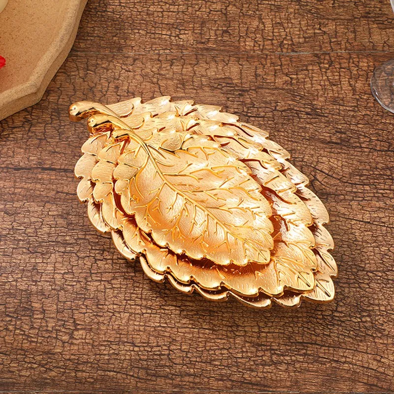 Living Room Home Snack Tray Decorative Nut Plate Leaf Texture Alloy Crafts Snack Dish Gold 3PCS