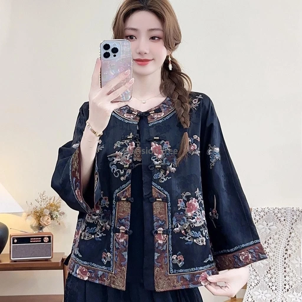 Chinese style Shirt Embroidered Tang suit coat women Retro Loose Cotton Linen Ethnic Style casual daily traditional hanfu coat