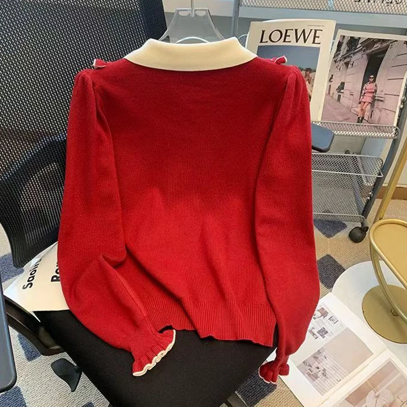 Otoño Invierno mujer suéter moda volantes manga larga arco solo pecho suelto básico suéter rojo Navidad