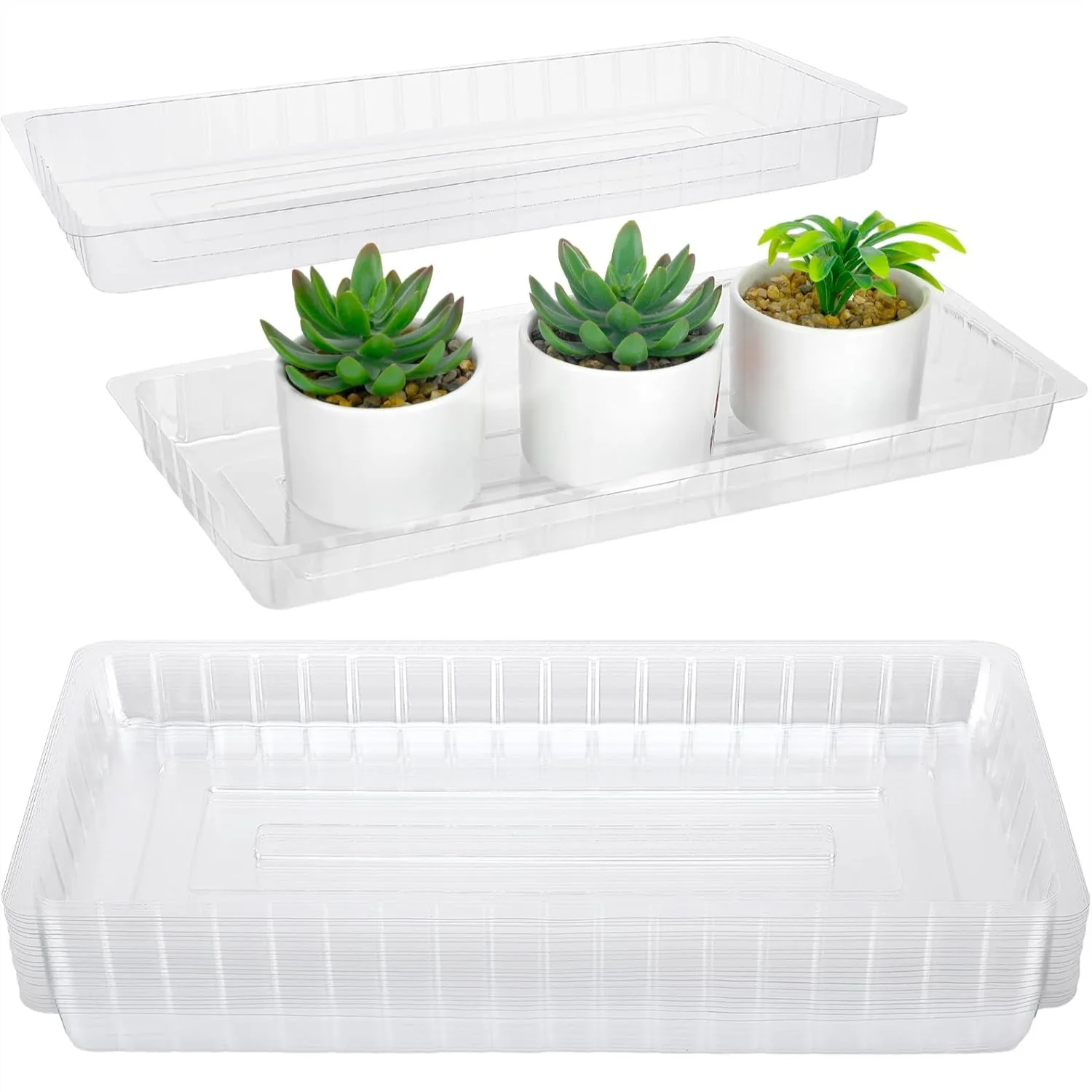 

20 Pcs Clear Plastic Plant Saucers Rectangular Drip Trays Heavy Duty for Indoor Outdoor Pots, 14x6 Inch