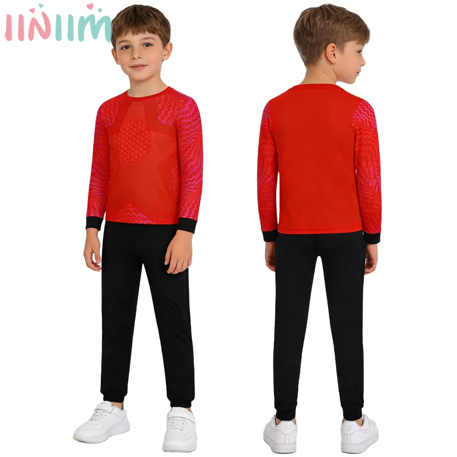 

Kids Boys Soccer Goalie Uniform Football Goalkeeper Training Match Outfit Long Sleeve Padded Protective Tops Pants Sportswear