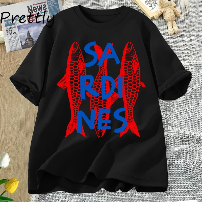 تي شيرت جرافيك من Sardines تي شيرت عصري على شكل سمكة كاجوال بأكمام قصيرة من القطن تي شيرت ملابس الشارع الشهير برقبة دائرية تي شيرت رائع #2