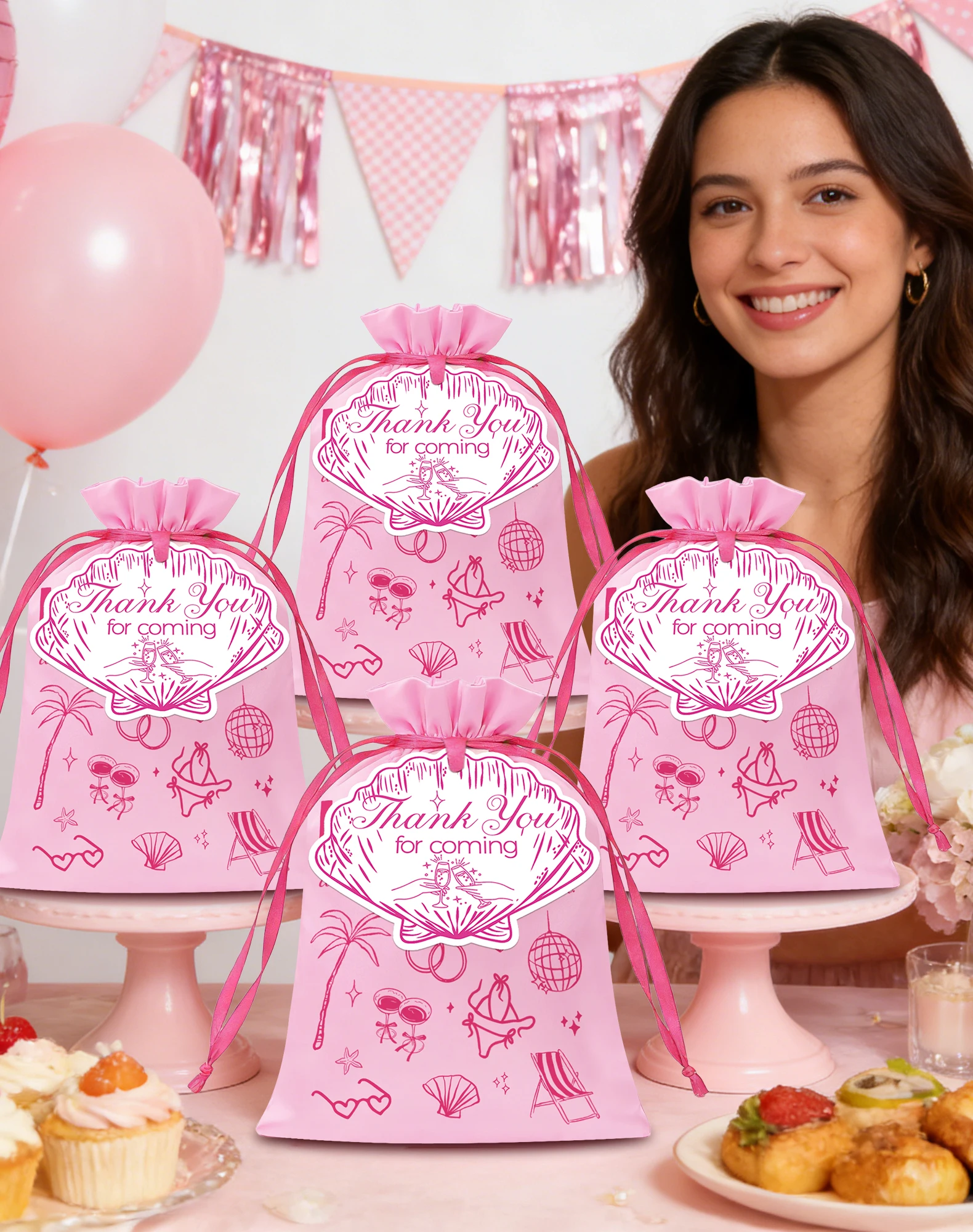 12 PCS Pink Beach Island Theme Satin Bags, Tropical Island Bachelorette Party Favor Bags for Birthday, Beach Bridal Showers