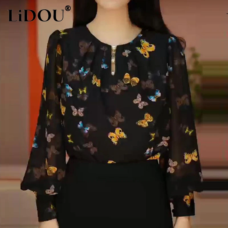 Spring Summer Floral Printing Long Sleeve Elegant Chiffon Shirt Female Casual Fashion Vintage Loose All-match Blouse Top Women