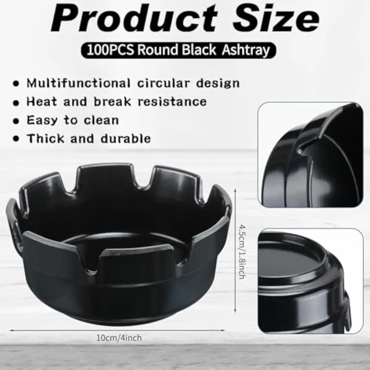 100 Round Black Plastic Ashtrays, 4-Inch Diameter, Heat-Resistant Glossy Finish, Stackable Design with 6 Cigarette Grooves, Dura