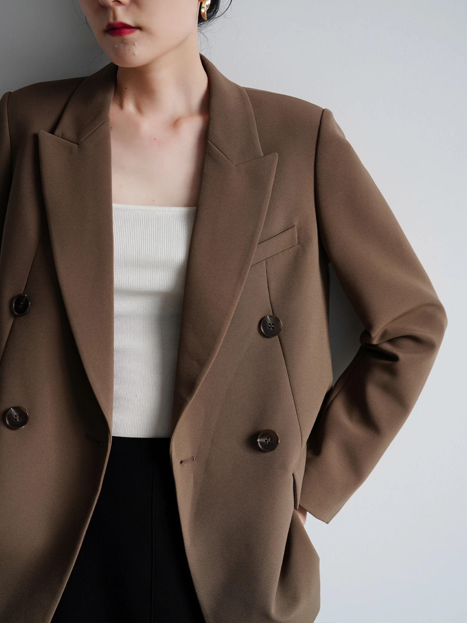 

Caramel Casual Loose Women's Suiting Jacket Commute Friendly Long Sleeve Double Breasted Pure Color Spring Autumn Wear