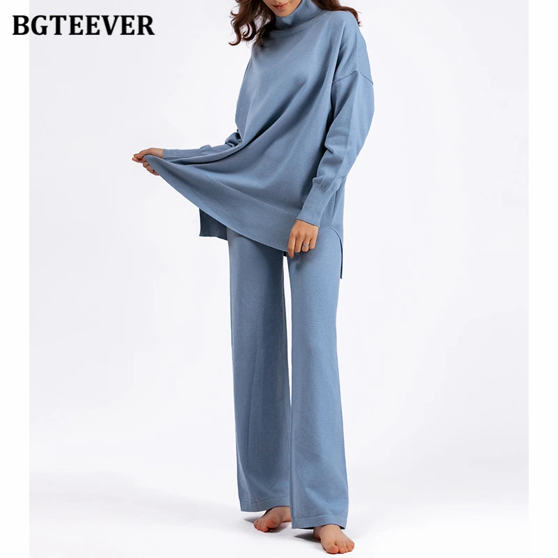 BGTEEVER Autumn Winter Turtleneck Knitted Set Women Warm Pullovers Sweater Ladies Wide Leg Trousers Female Sweater Set