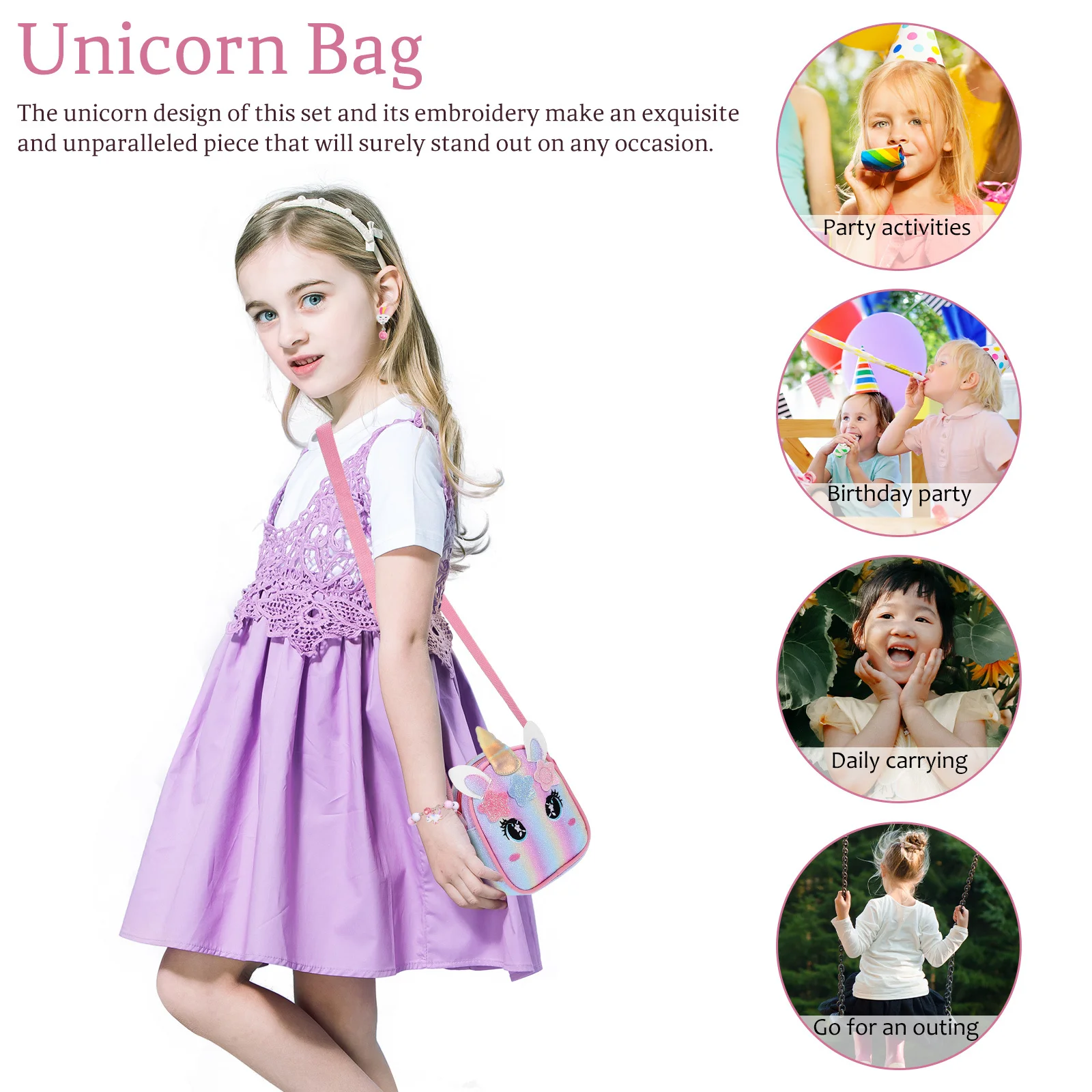 

1 комплект, Радужная сумка, набор браслетов, милый кошелек с единорогом, ювелирные изделия, кошелек через плечо на молнии, кавайные аксессуары, сумка с единорогом