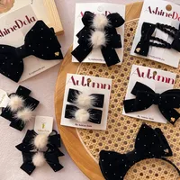 Baby Black Velvet Hair Bows Ties Kids Girls Ponytail Holder Elastic Hair Bands Korean Pompom Rope Scrunchies Hair Accessories