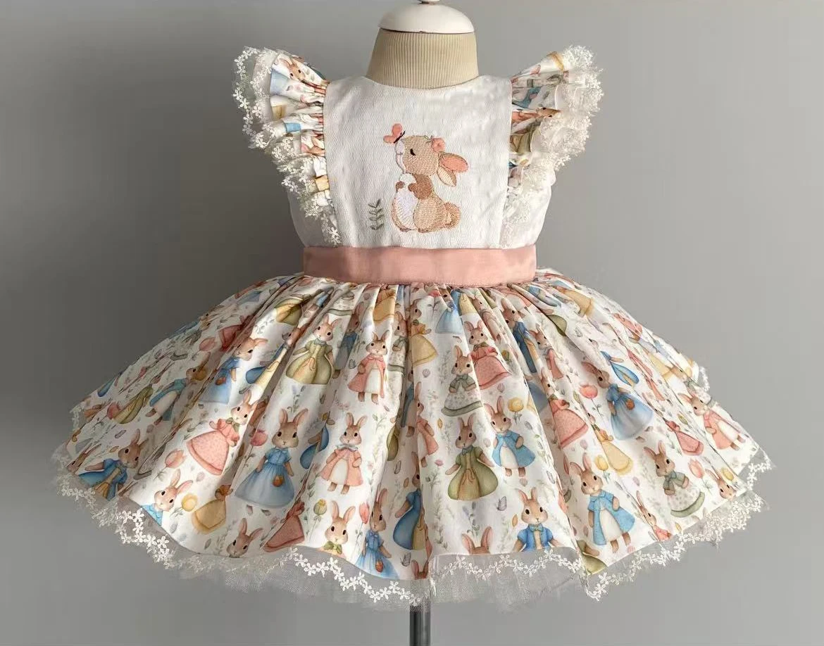0-12Y Baby Girl Rabbit Embroidery Vintage Princess Dress for Holiday Birthday Photography B305