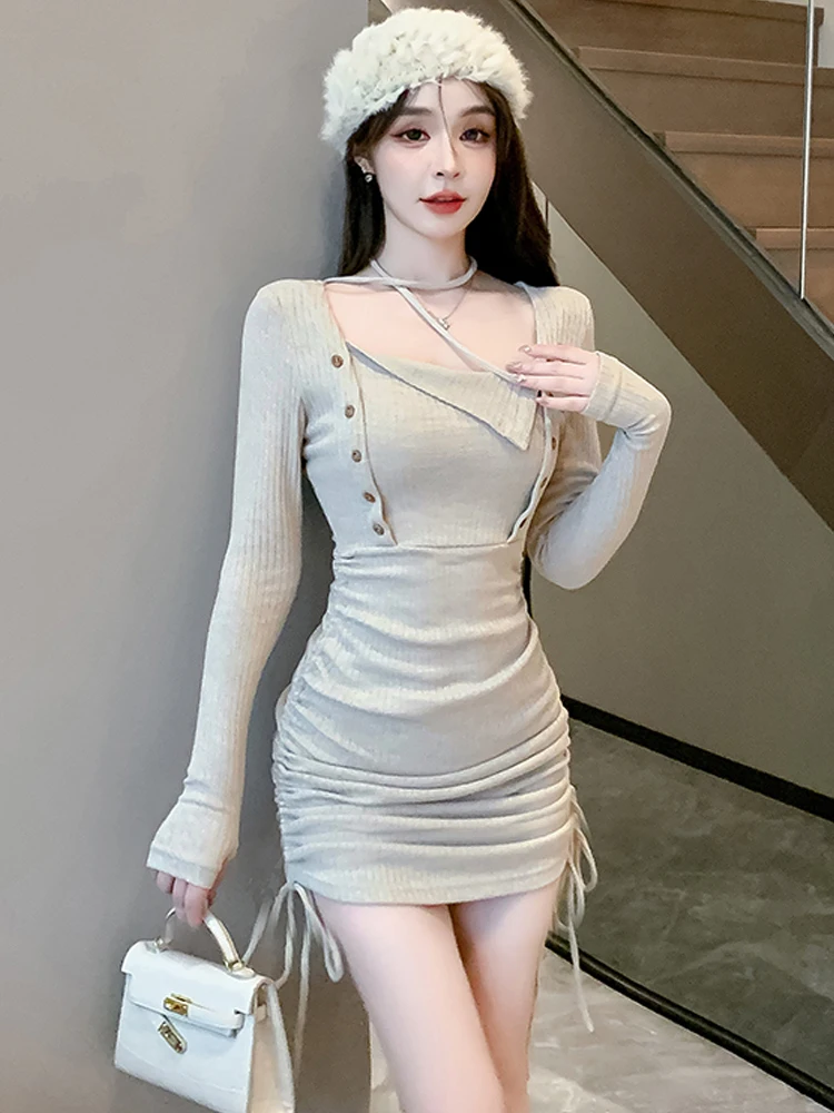 2023 Womens New Vintage Hotsweet Long Seleeve Dress Sexy Bandage Slim  Buttock Mini Dress Club Party Dresses Spring Summer