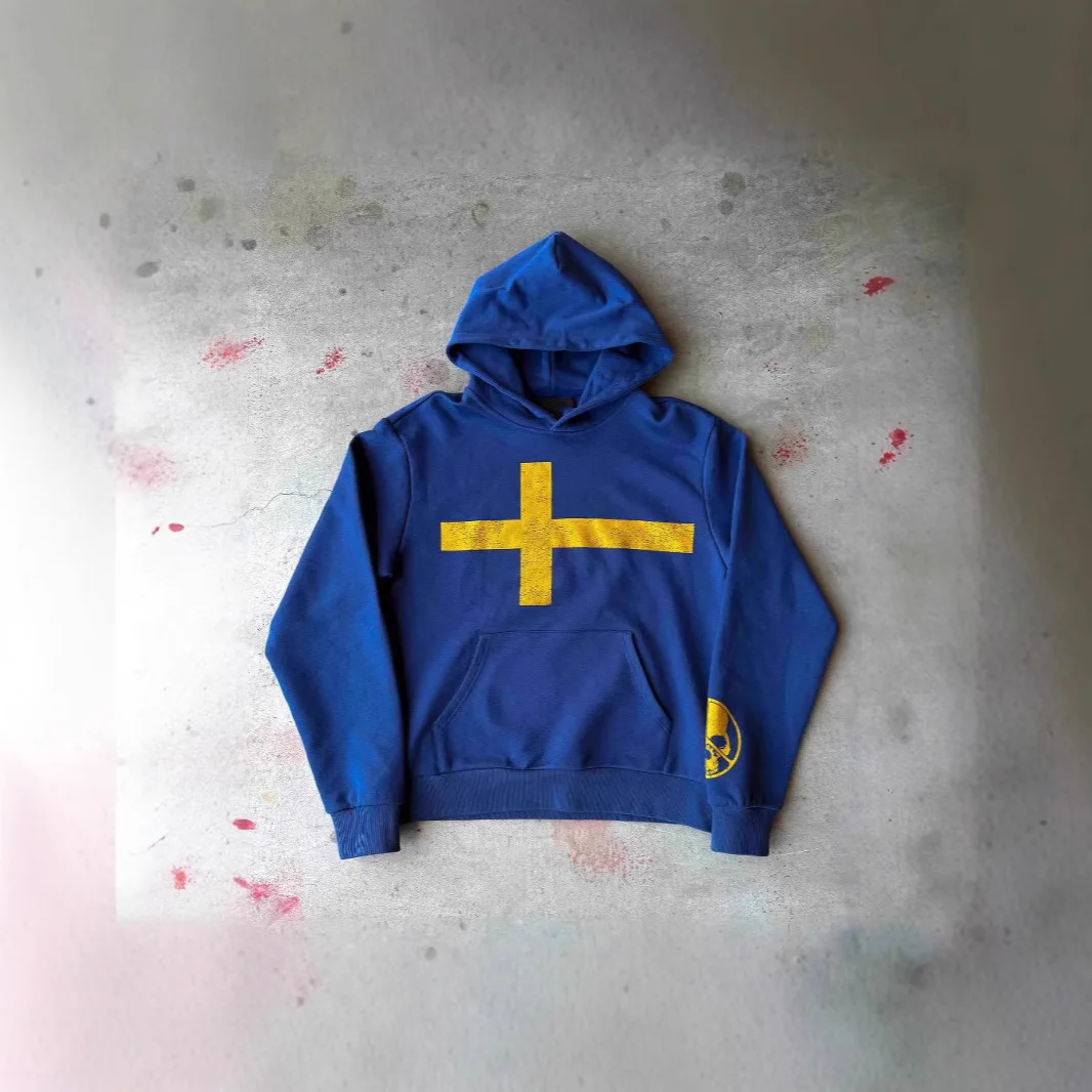 Y2K hooded sweater with dark style, front and back printed pattern design, unisex, autumn and winter high street fashion.