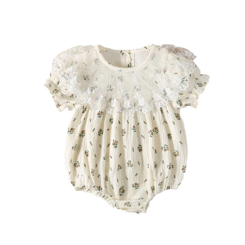 

Комбинезон для маленьких девочек, летний мягкий хлопковый комбинезон с короткими рукавами и цветочным принтом для маленьких девочек, комбинезон для новорожденных в стиле принцессы