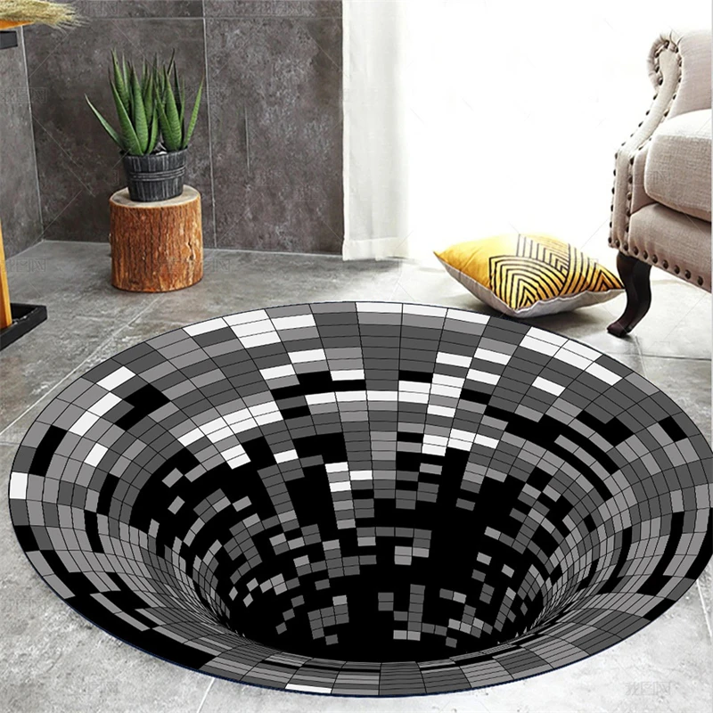 Modern Black Hole Print Pattern Round Rug Geometric Home Decor Living Room Floor Mat  Decoration