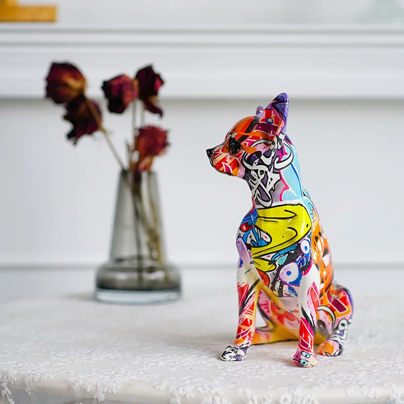 Creative Colorful Dog Figurines Water Transfer Printing Chihuahua Bulldog Home Living Room Entrance Wine Cabinet Decor