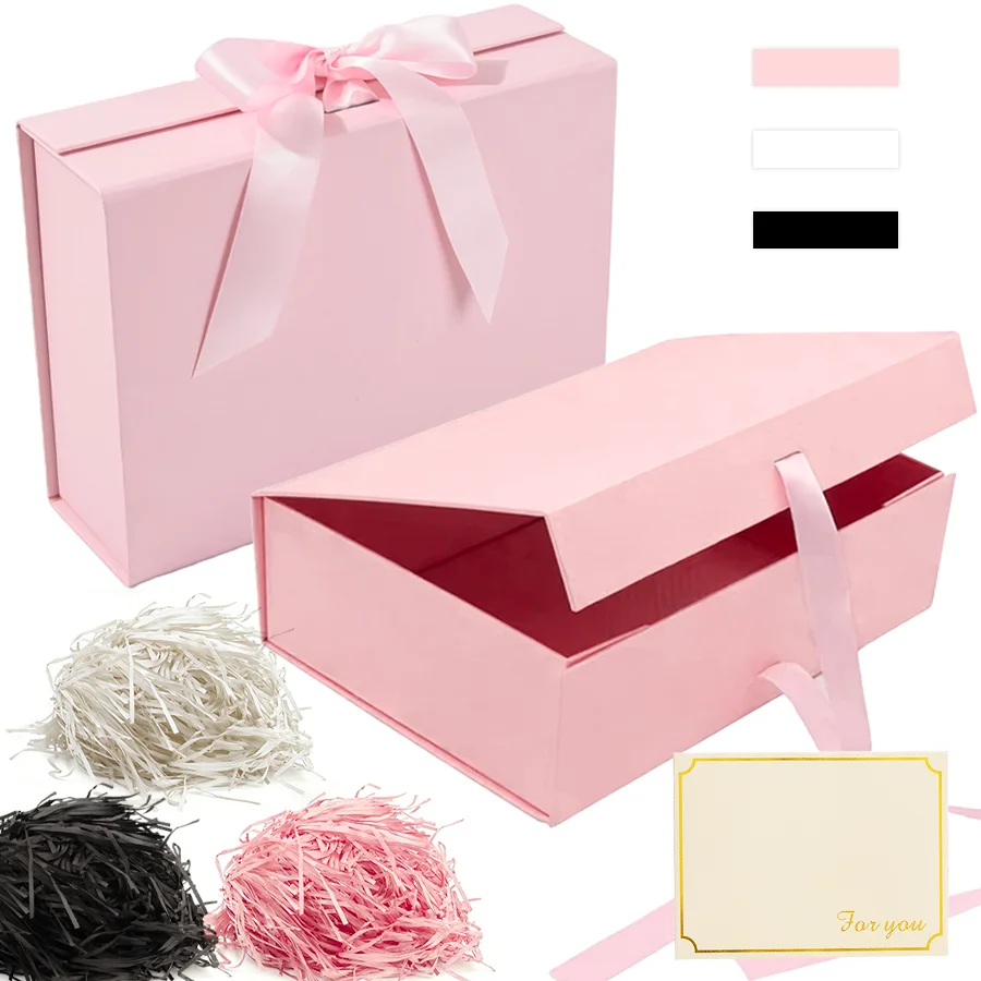 3 Farben Magnetische Faltbare Geschenkbox & 10g Lafite-Gras & Grußkarten-Set Luxus-Verpackung für Hochzeit Festival Geburtstag XJM