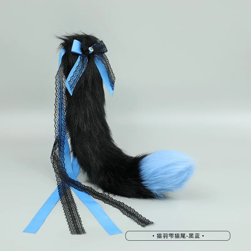 Faux Fur Cat Wolf Long Tail Ears fascia per capelli in peluche e fiocco collare in pizzo girocollo Set Animal Halloween Cosplay accessori per costumi Pro