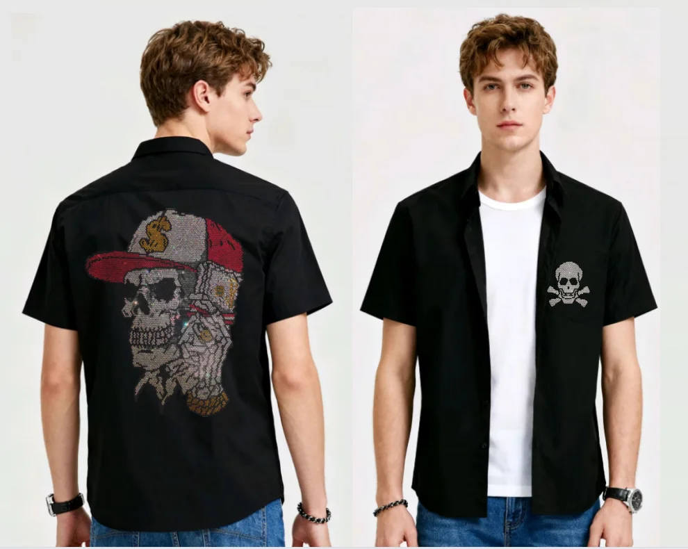 

Men's Casual Skull Printed Short Sleeve Shirt with Rhinestone Details Slim Fit Style Great for Summer shirts