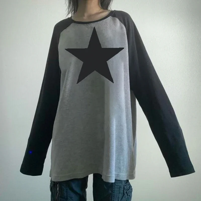 America Street Star Print Kawaii Y2K Pullover T-Shirts Women Contrast Harajuku Clothes Full Sleeve Preppy Long Sweats Tops