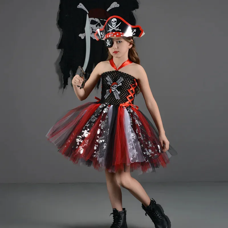 Disfraz de pirata de Halloween para niñas pequeñas, vestido tutú de pirata rojo y negro con sombrero, capa, disfraz temático de bucanero, ropa de fiesta