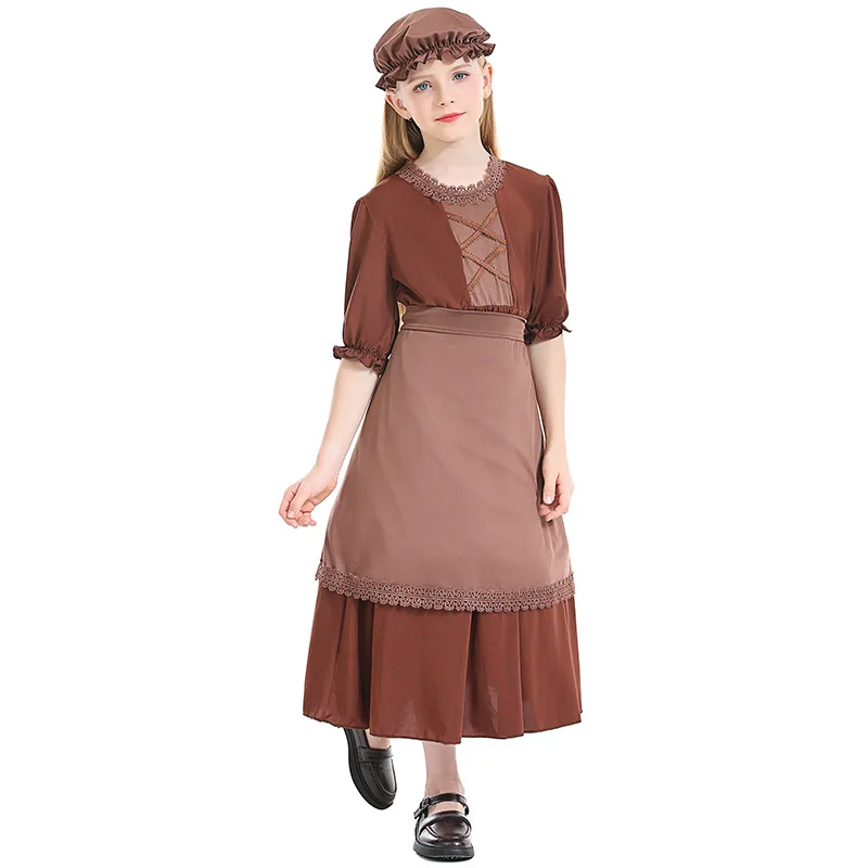 Carnival Halloween Girl Little House Costume Early American Pioneer Olden Day Prairie Girl Cosplay Fancy Party Dress