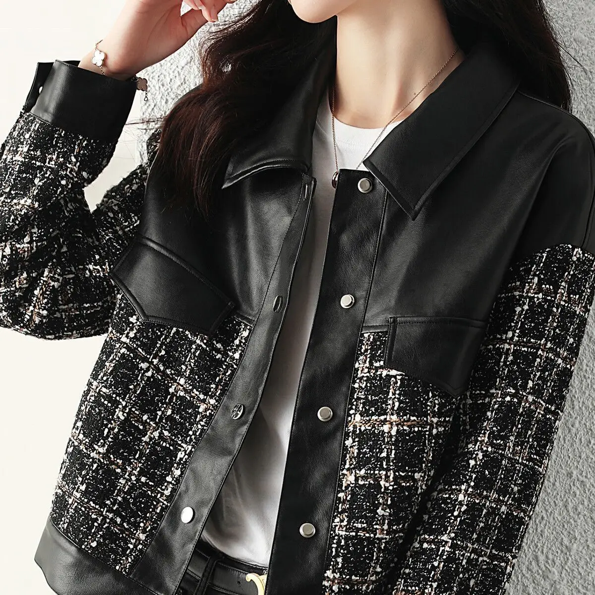 Women Motorcycle Leather Plaid Patchwork Jacket Cool Turn-down Collar False Pocket Design Autumn Winter Coats Single Breasted