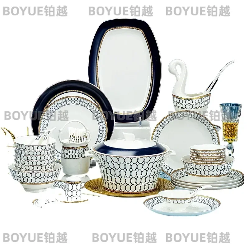 Bone China Dinnerware Set Jingdezhen Ceramic Plates Bowls Complete Tableware Service for Home Dining Gift Elegant Kitchen