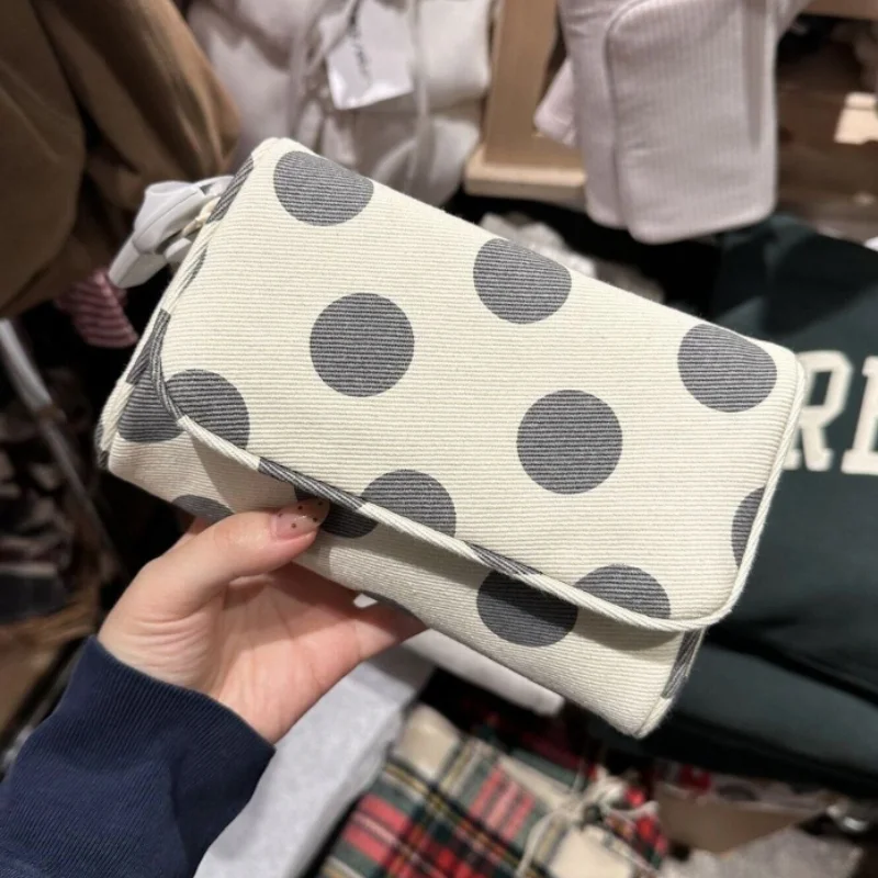 Korean Style Polka Dot Canvas Makeup Bag Built‑in Mirror Portable Daily Travel Storage Bag Fashion Exquisite Shopping Flap Purse