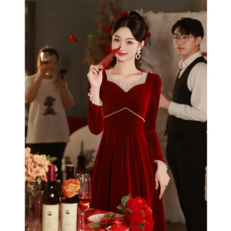 

Bridal Wedding For Lady Exquisite Pleated Dresses Cheongsam Elegant Qipao Evening Party Square Collar Sexy Maxi Robe De Soiree