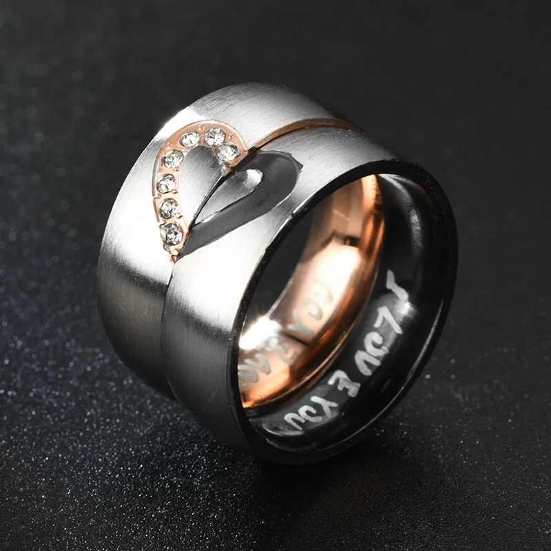 Rose Gold/Black Heart Shaped Couple Ring Stainless Steel Rings Love Heart Black Rose Gold Diamond Set Love Promise Ring