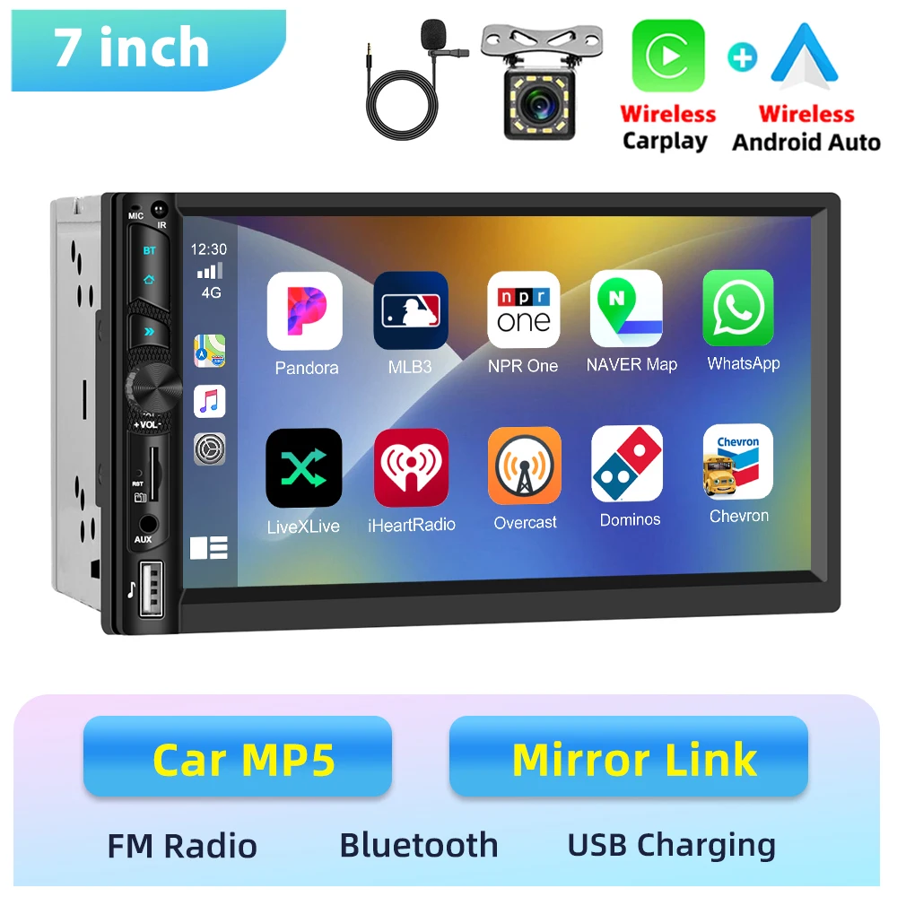 Podofo 2 Din autoradio draadloze Carplay Android Auto achteruitrijcamera 7 inch auto multimediaspeler MP5 BT FM/RDS stereo