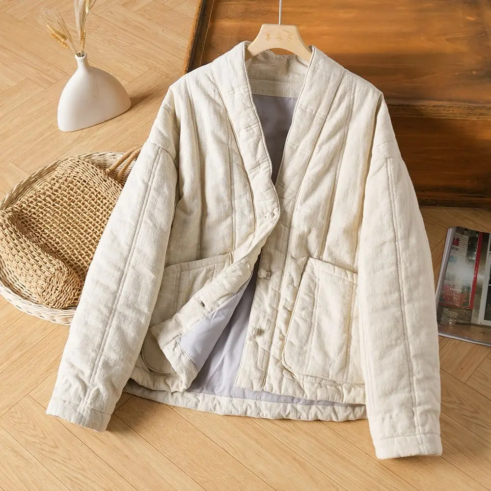 

New Chinese Style V-Neck Cotton And Linen Clothing For Women Winter, Plate Buckle Short Coat Casual Outerwear w1481