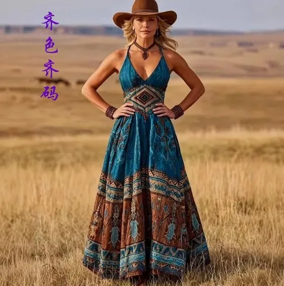Vestido de Verano para Mujer, Estampado Floral, Vestido Largo, Azul Turquesa, Cuello Halter, Estilo Boho, Morado, para Vacaciones, Corte en A
