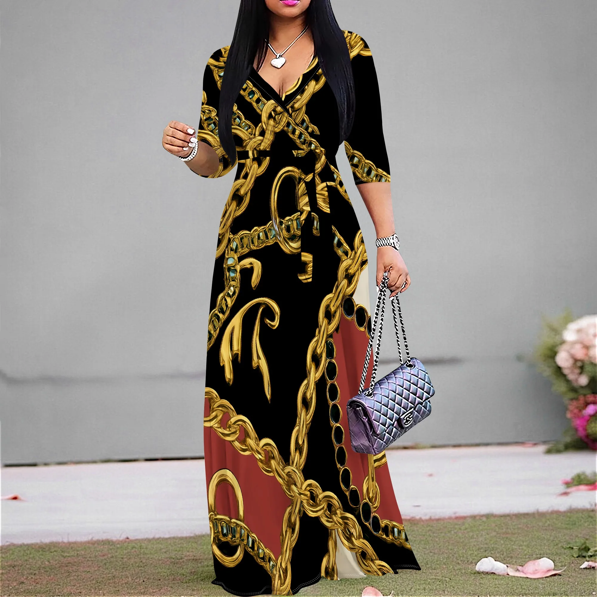 

Women's Gold Chain Print Maxi Dress V-Neck A-Line Belted Elegant Party Dress S-3XL