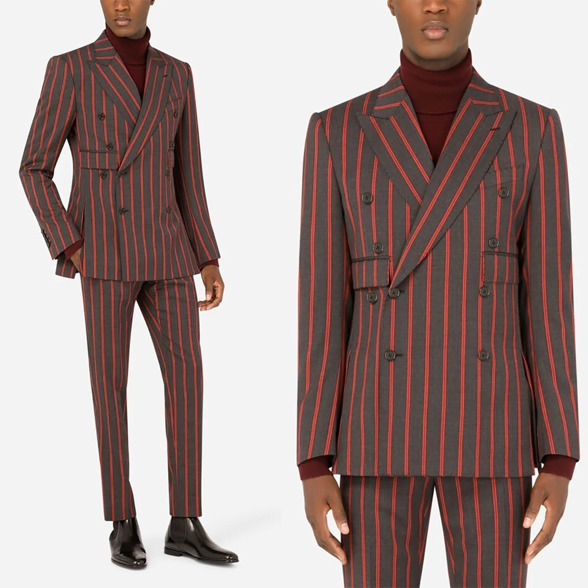 Burgundy Stripes Men Suit Tailor-Made 2 Pieces Blazer Pants Double Breasted Wedding Groom Business Causal Party Prom Tailored