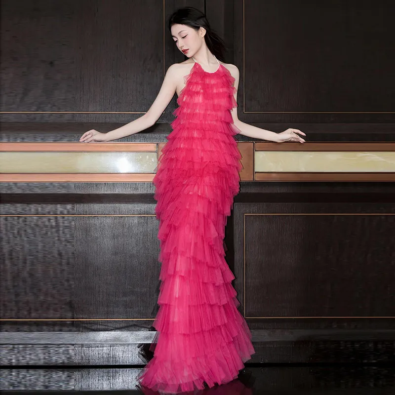 

Элегантное вечернее платье Yiiya на заказ, ярко-розовое, из фатина, с оборками, на бретельках, фасон «русалка», с открытой спиной, больших размеров, для женщин, для вечеринок и торжественных мероприятий, модель 260021