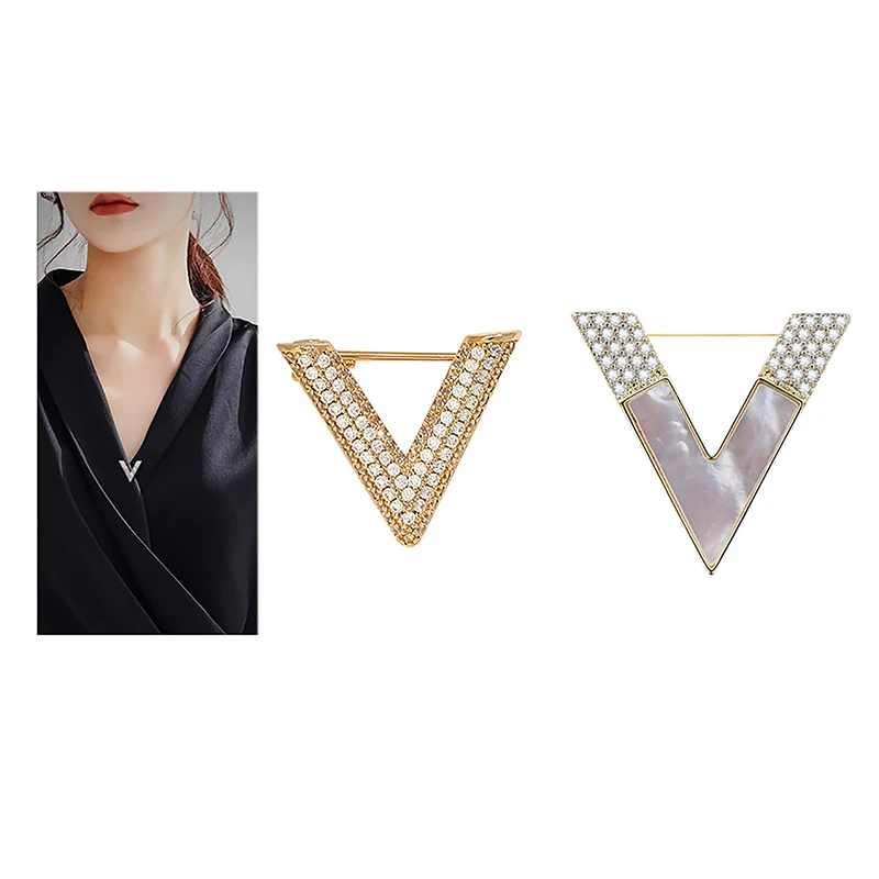 #Fashion V Shaped Rhinestone Brooches For Women Metal Anti-glare Lapel Pin Fixed Clothes Pins Sweater Coat Clothing Accessories