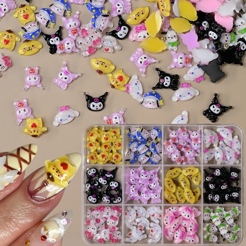 12 niñas 3D Sanrio leopardo Hello Kitty Nail Art Rhinestone mezclado leopardo Bowknot Kitty Nail Charms dibujos animados Kitty gato piezas de uñas