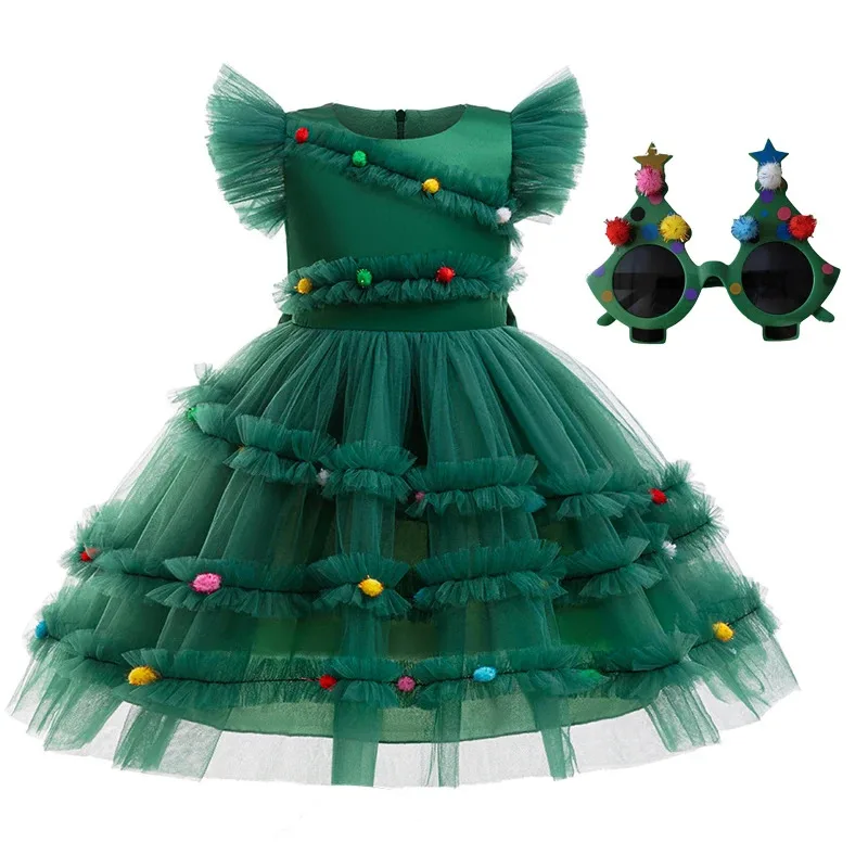 

New Girl Christmas Dress 3-10, Small and Small Children's Nets Princess Skirt Small Flying Sleeve Slim Skirt Christmas Skirt+gla
