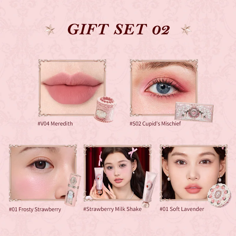 Flower Knows Strawberry Cupid Collection Makeup Gift Set Includes Cake Lip Cream+Liquid Blush+Make-up Palette+Scented Hand Cream