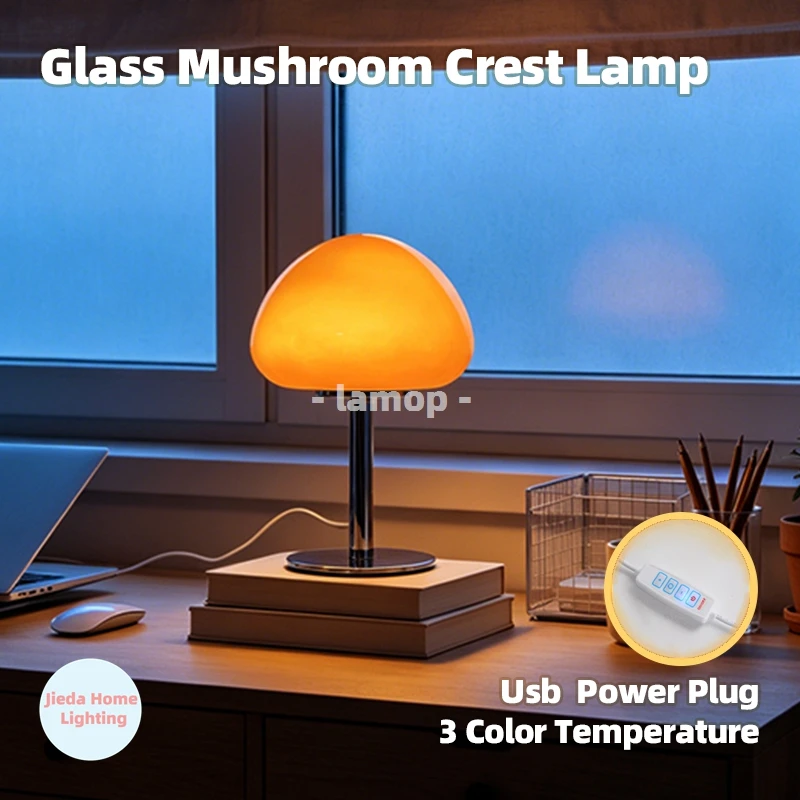 Warm Orange Mushroom Crest Glass Table Lamp Retro Farmhouse Desk Bedside Lamp 3 Color Temperature Study Apartment Decor Table