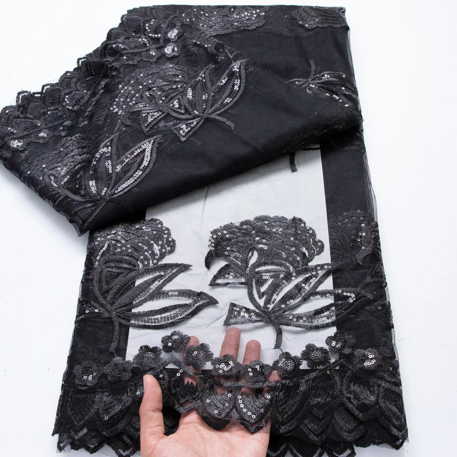Black African Tulle Lace Fabric 2026 High Quality Nigerian Luxury Sequins Mesh Lace Fabric 5 Yard Wedding Dress for Women Sewing