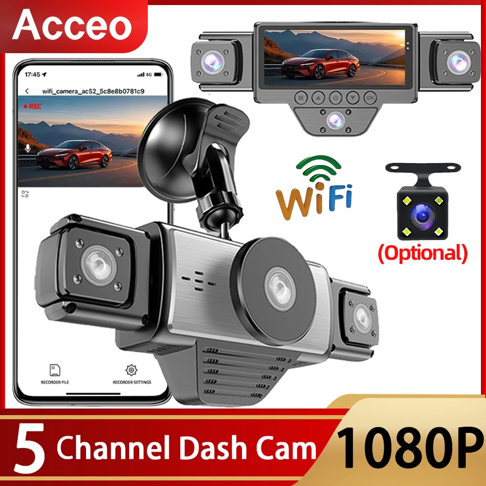 FHD 1080P 4/5 Channel Car DVR WiFi Dash Cam 4/5 Cameras Front Rear Inside Night Vision 24H Parking Mode Video Recorder Black Box