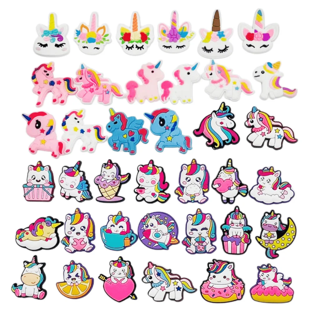 1-38Pcs Lovely Unicorn Sandals Shoe Charms PVC Accessories Boys Girls Slippers Buckle Decorations Pins Fit Woman Gifts