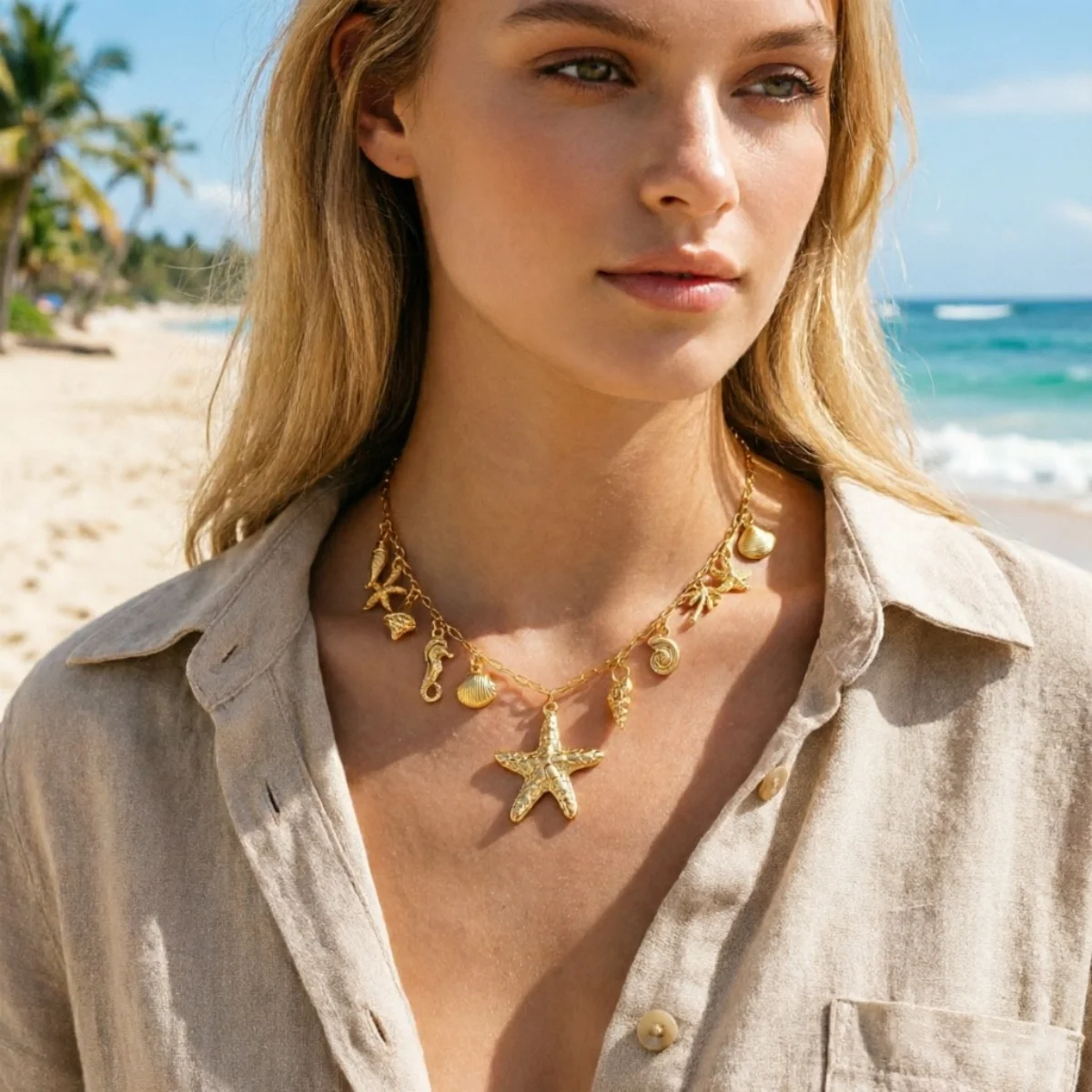 Boho Küsten-Halskette mit Seestern, Muschel, Seepferdchen, Schnecke, Fisch, Kokosnussbaum-Anhänger für Damen und Herren, Sonnen-Hummer-Choker, Sommer-Schmuck – Detail 10