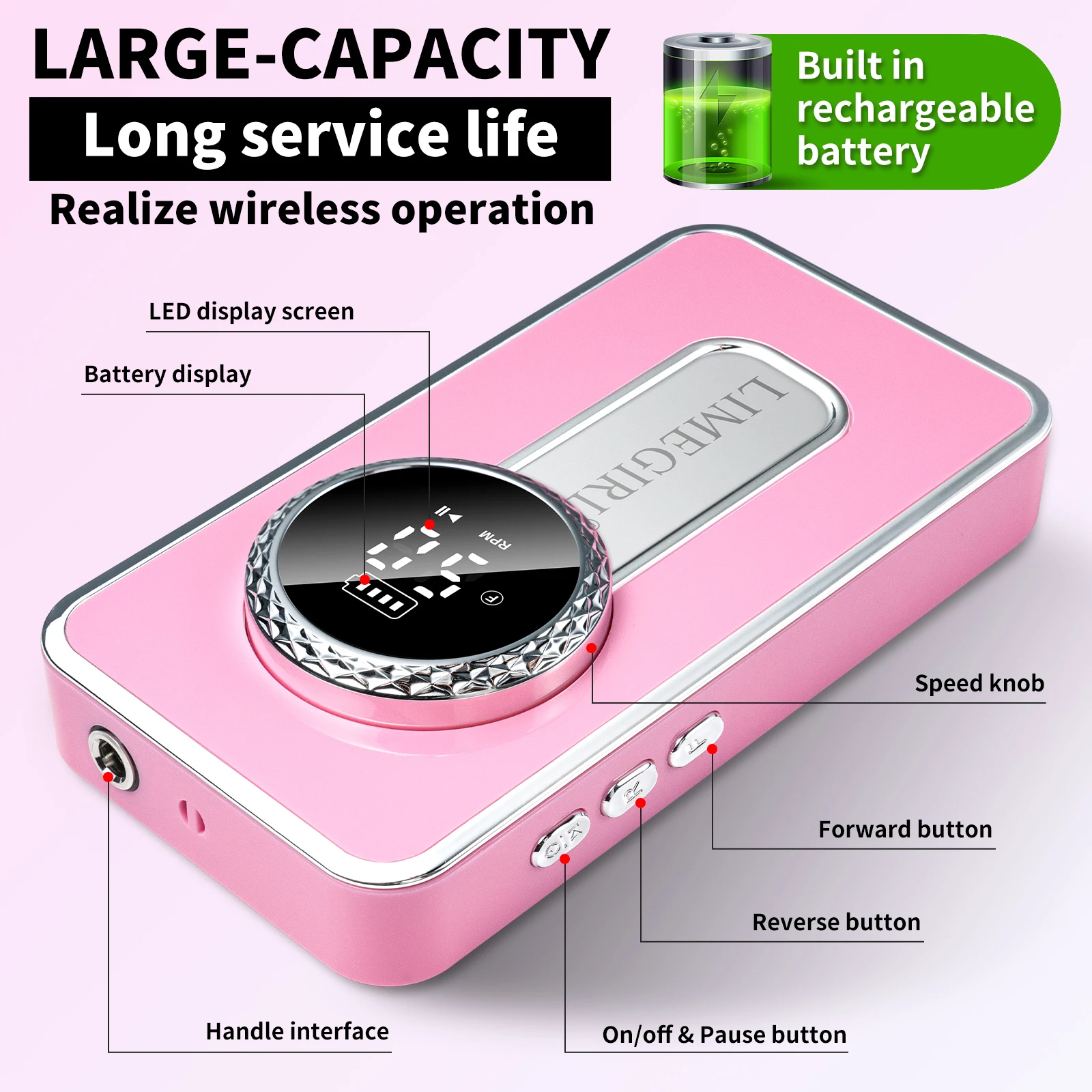 เครื่องตะไบเล็บ LIMEGIRL 45000 รอบต่อนาที แบบมืออาชีพ ไร้สาย เสียงเบา เครื่องขัดเล็บไฟฟ้า ชุดตะไบสำหรับทำเล็บมือ สำหรับร้านทำเล็บ